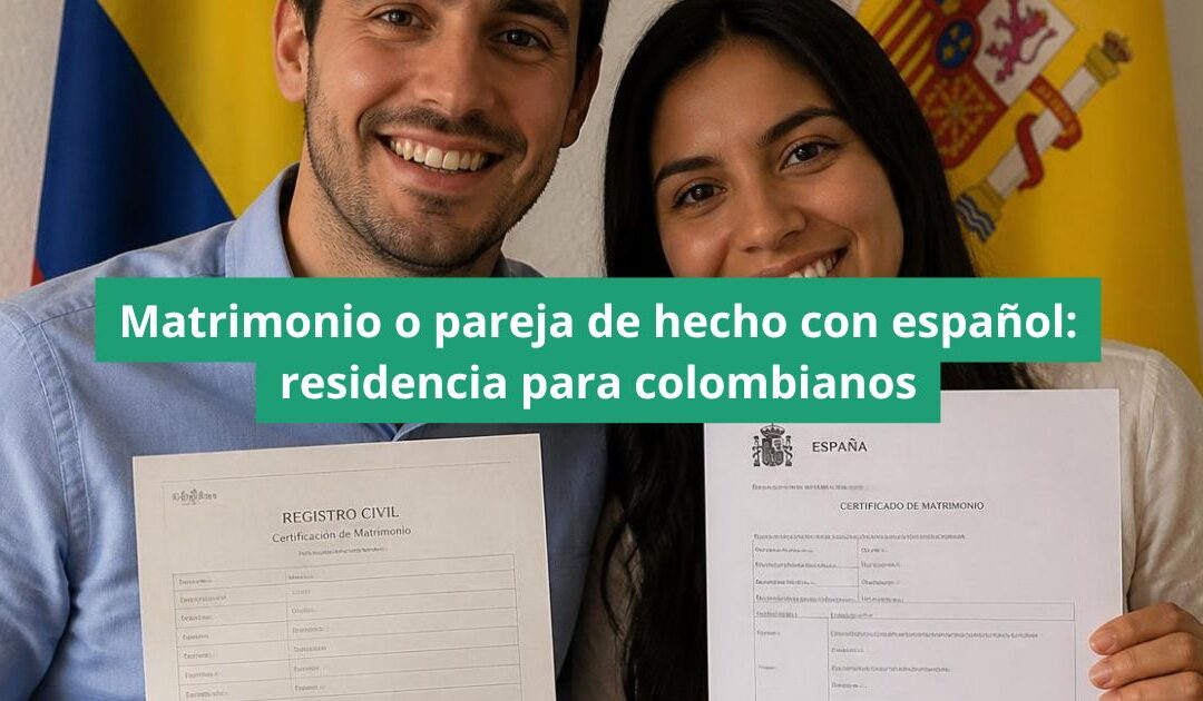 Pareja colombiana y española revisando documentos para tramitar la residencia por matrimonio con español